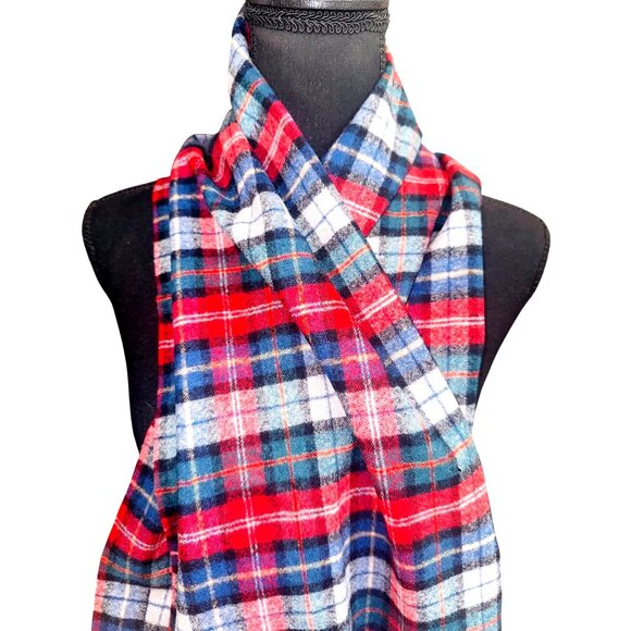 VTG Pendleton 100% Pure Virgin Wool Scarf Red Blue Tartan Plaid Fringe Preppy - Picture 2 of 7